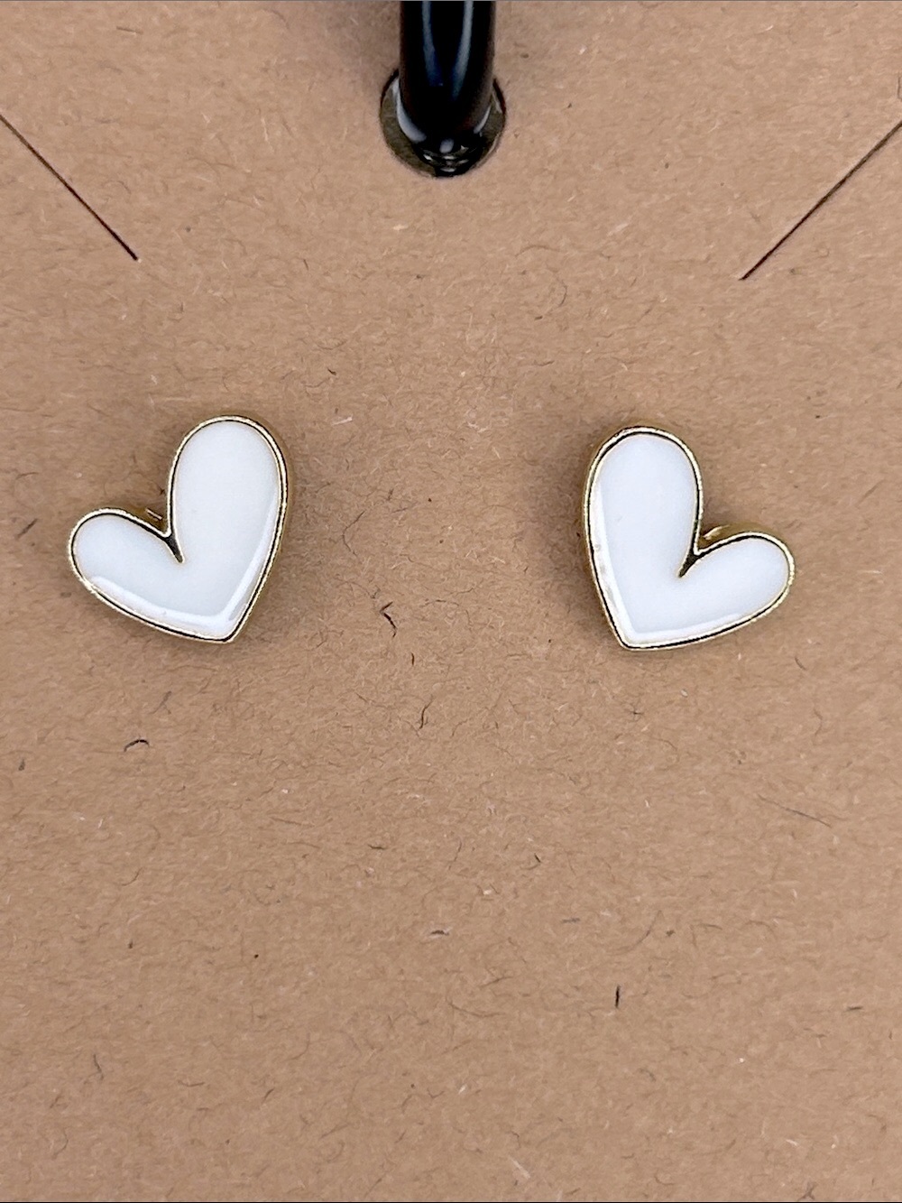 White Heart Enamel Stud Earrings - Gold Trim Fashion Jewelry